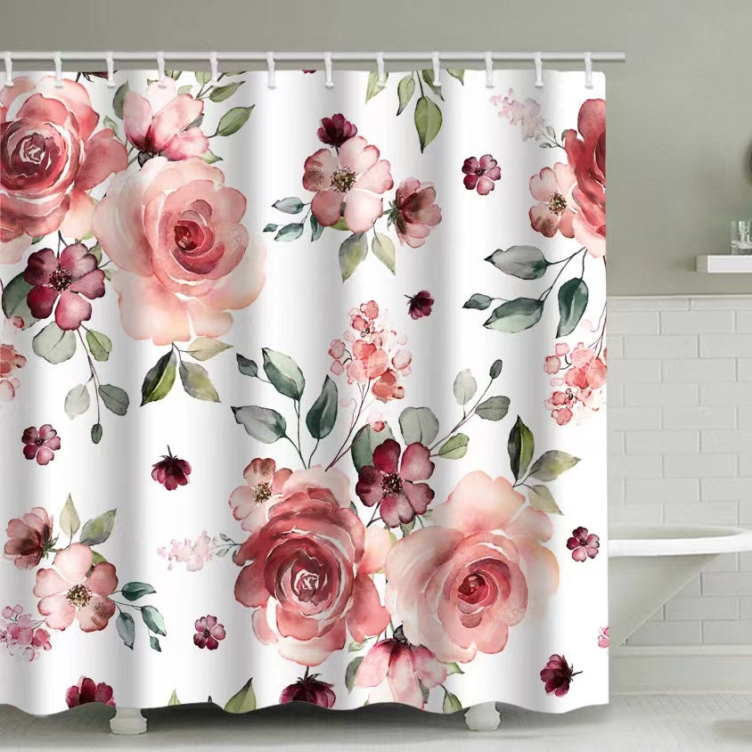 Waterproof Modern Fabric Bathroom Shower Curtain with Red and White Rose Flowers