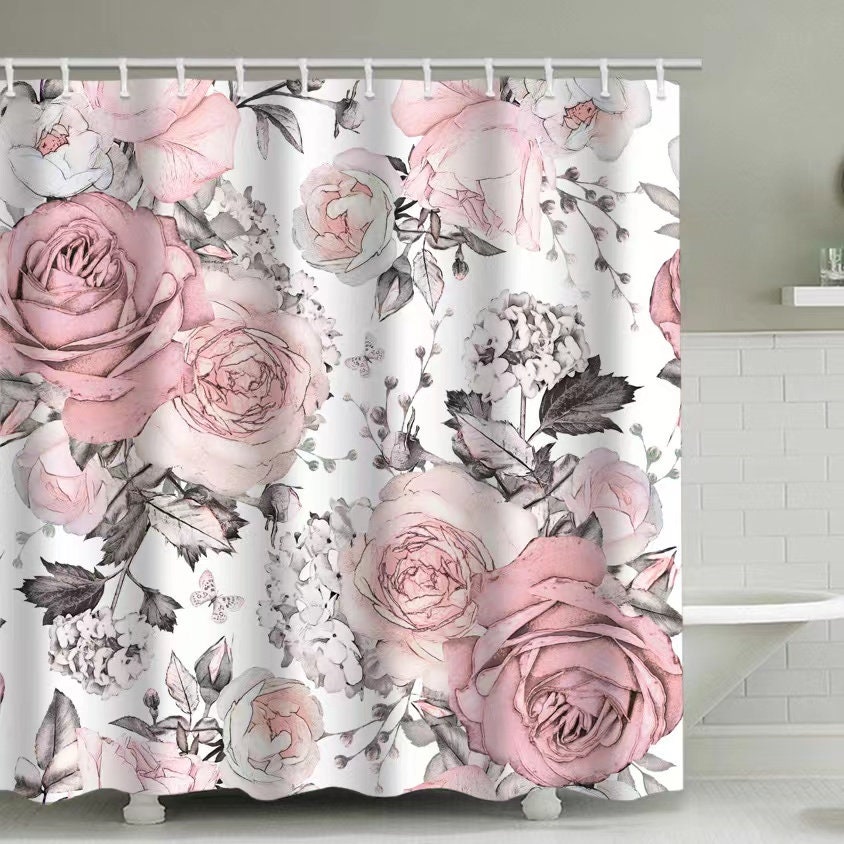 Waterproof Modern Fabric Bathroom Shower Curtain with Red and White Rose Flowers