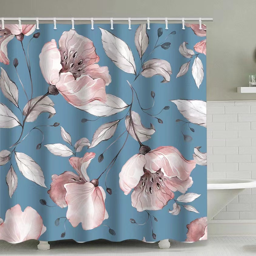 Waterproof Modern Fabric Bathroom Shower Curtain with Red and White Rose Flowers