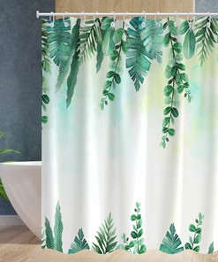 Waterproof Modern Fabric Green And White Plant Leaves Shower Curtain For Bathrooms 