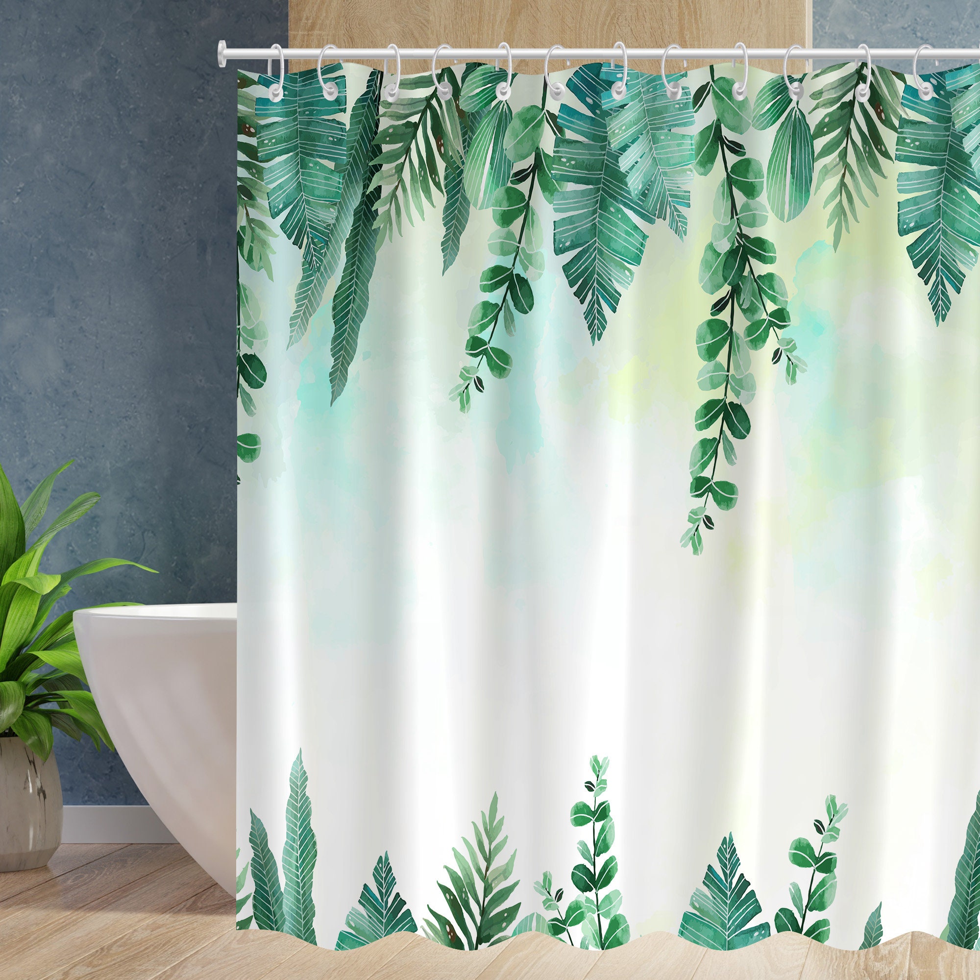 Waterproof Modern Fabric Green And White Plant Leaves Shower Curtain For Bathrooms