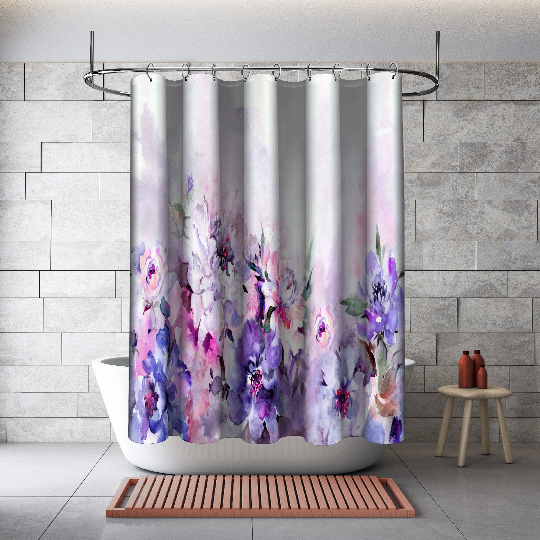 Waterproof Multi-Dimensional Watercolor Peony Flowers Shower Curtain With Floral Print