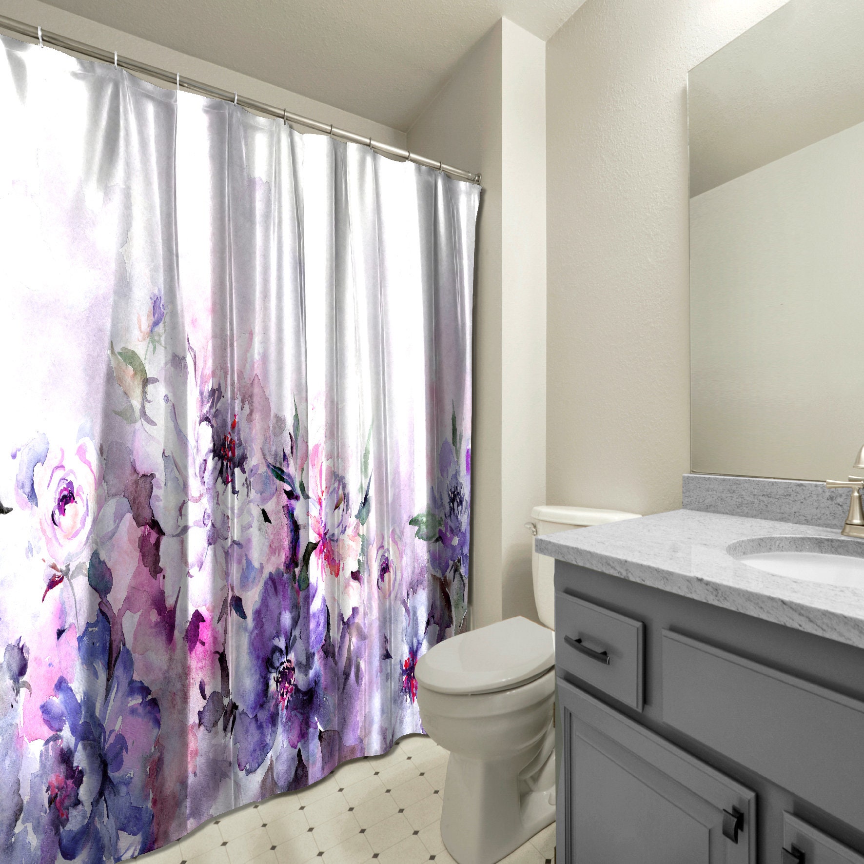 Waterproof Multi-Dimensional Watercolor Peony Flowers Shower Curtain With Floral Print