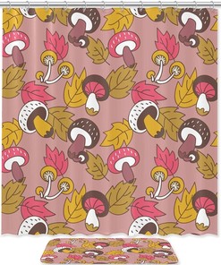 Waterproof Mushroom and Maple Leaf Shower Curtain, Natural Theme and Elegant Design