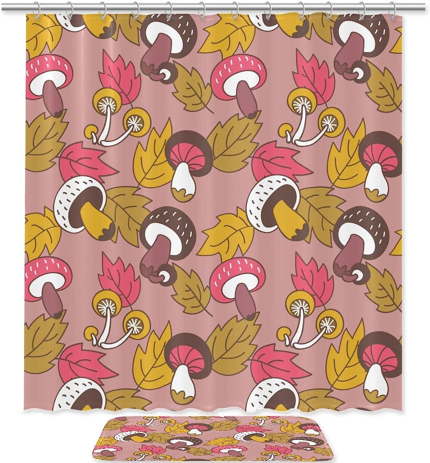 Waterproof Mushroom and Maple Leaf Shower Curtain, Natural Theme and Elegant Design