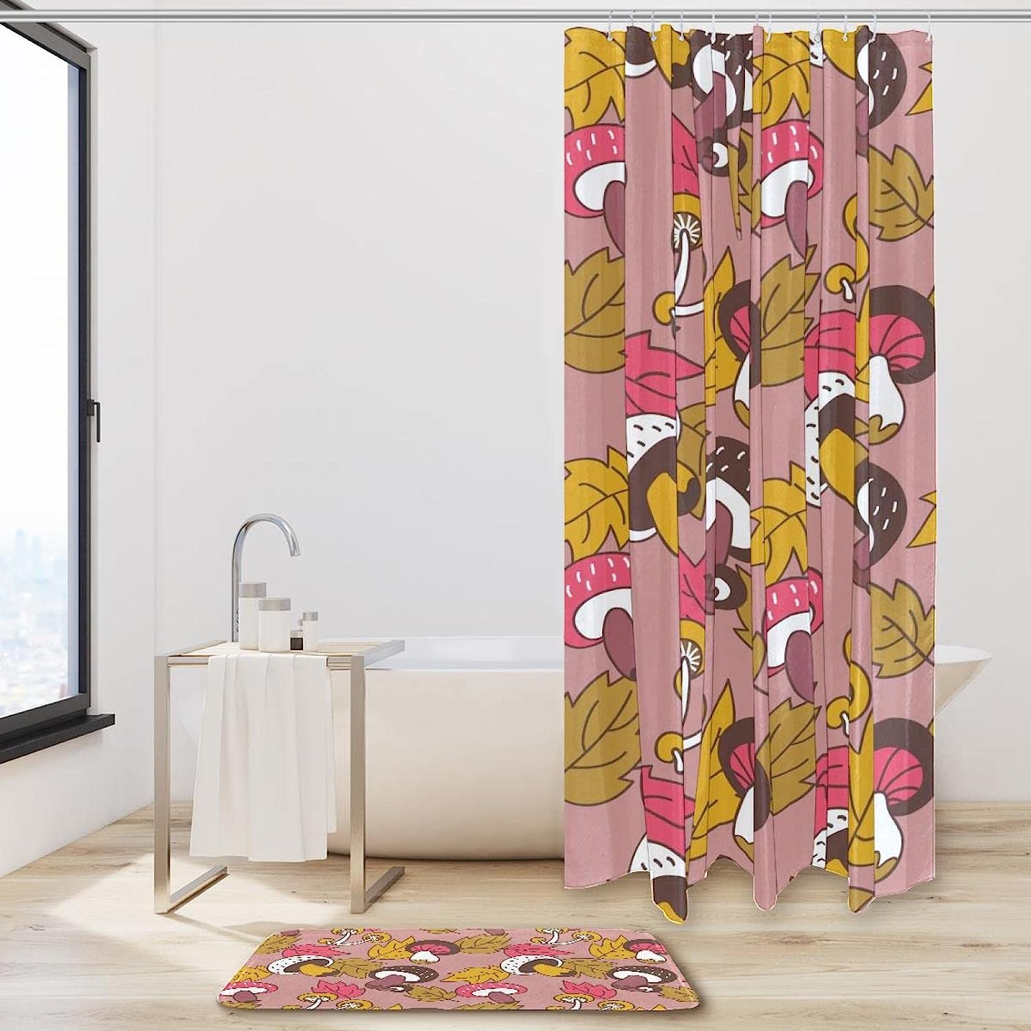 Waterproof Mushroom and Maple Leaf Shower Curtain, Natural Theme and Elegant Design
