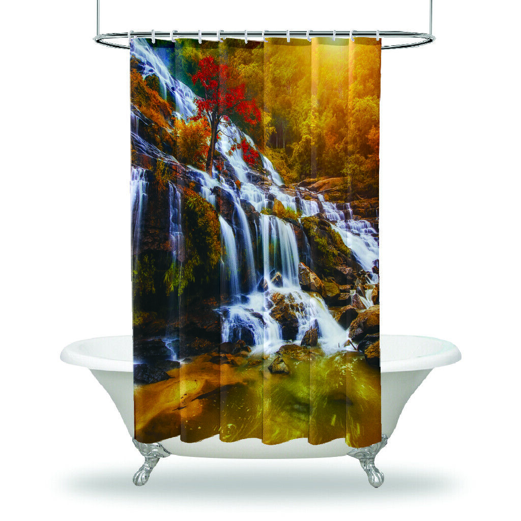 Waterproof Nature-Themed Shower Curtain With Waterfall And Jungle Prints
