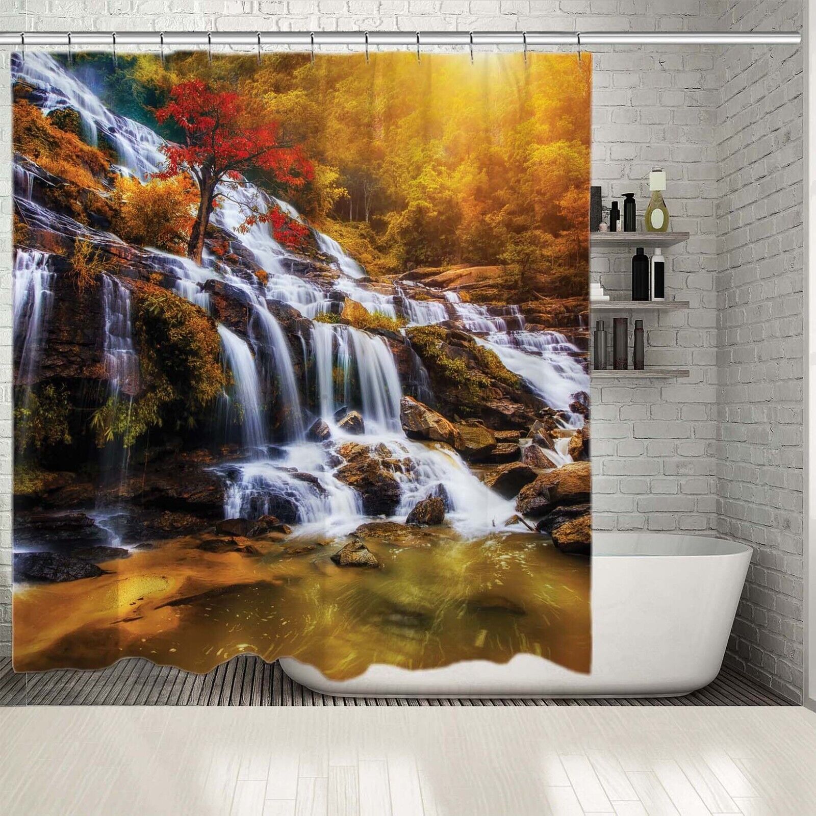 Waterproof Nature-Themed Shower Curtain With Waterfall And Jungle Prints - Image 2
