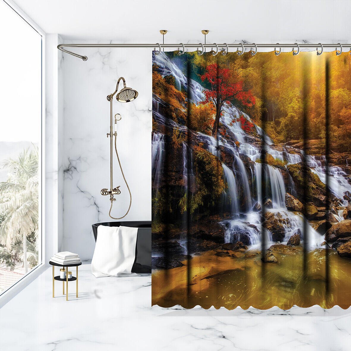 Waterproof Nature-Themed Shower Curtain With Waterfall And Jungle Prints - Image 3