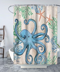 Waterproof Octopus Series Pattern Shower Curtain, Anti-Mold Fabric Bathroom Decor
