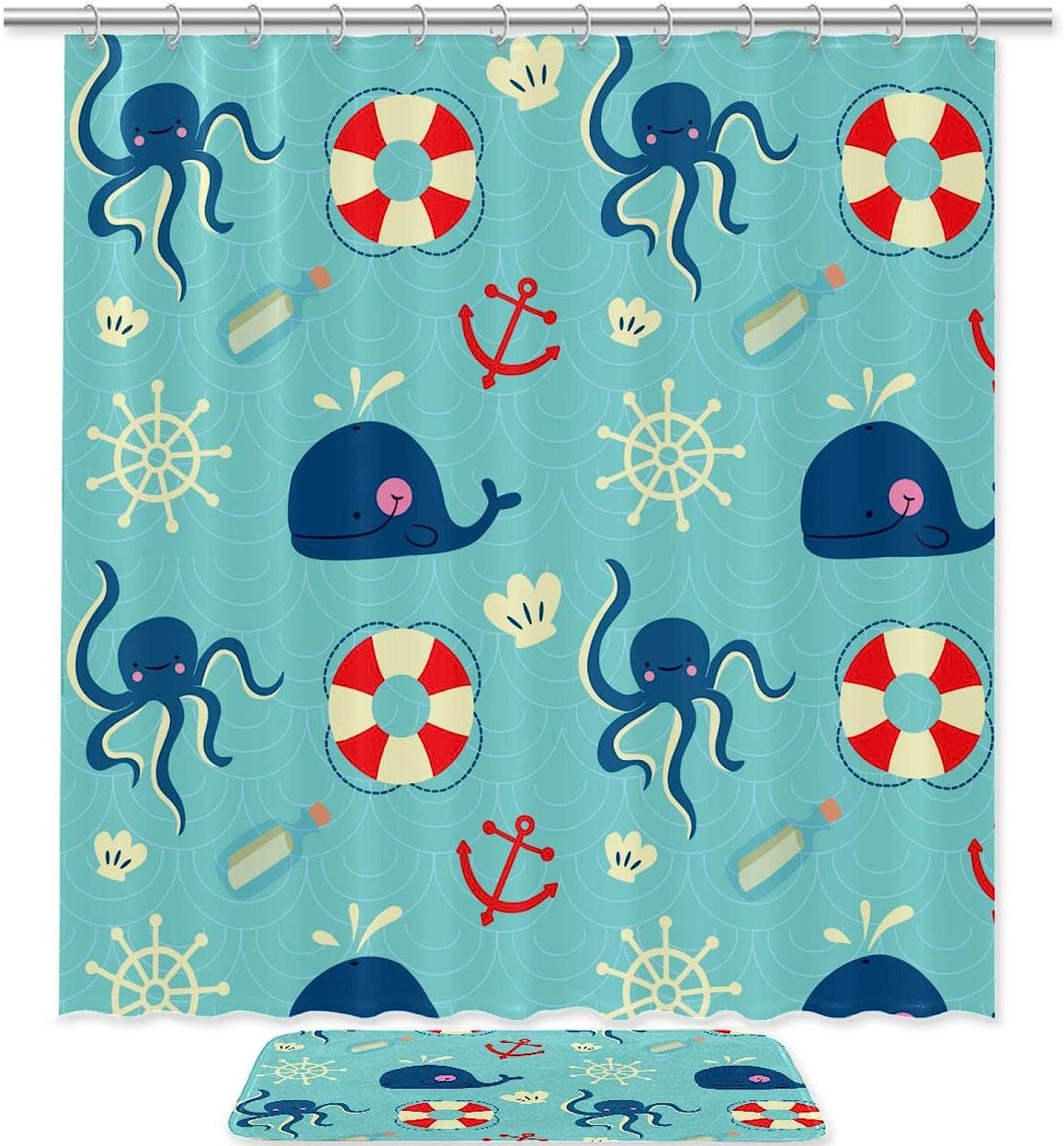 Waterproof Octopus Whales Shower Curtain Marine Life Bathroom Decor