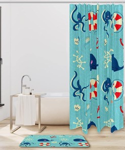 Waterproof Octopus Whales Shower Curtain Marine Life Bathroom Decor