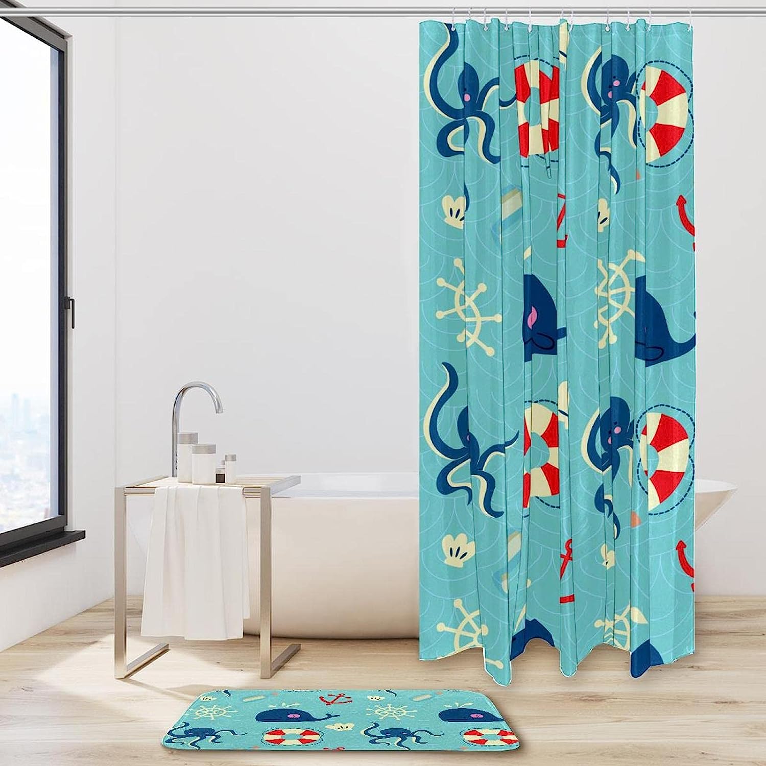 Waterproof Octopus Whales Shower Curtain Marine Life Bathroom Decor