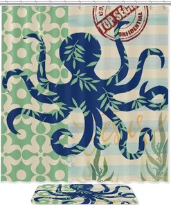 Waterproof Octopus with Leaves Bathroom Shower Curtain for Nature Theme Bathroom Decor