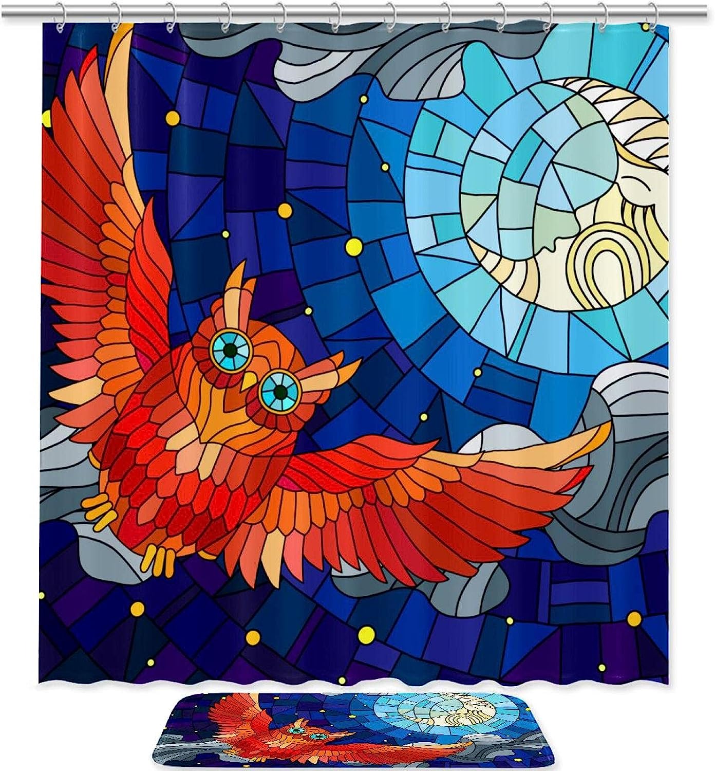 Waterproof Owl Stained Glass Shower Curtain for Bathroom Decor