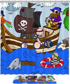 Waterproof Pirate Ship Shower Curtain with Ocean Theme - Cloth Fabric Bathroom Curtain for Home Decor