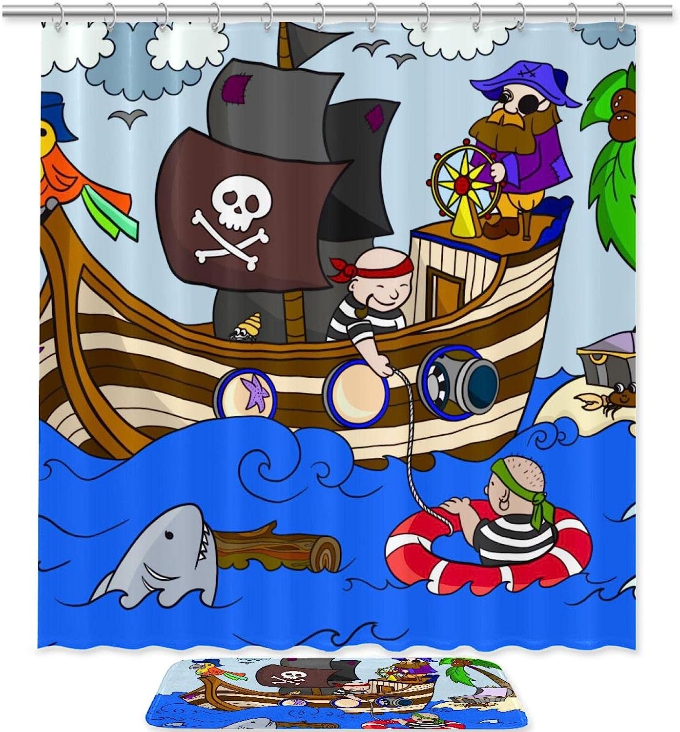 Waterproof Pirate Ship Shower Curtain with Ocean Theme - Cloth Fabric Bathroom Curtain for Home Decor