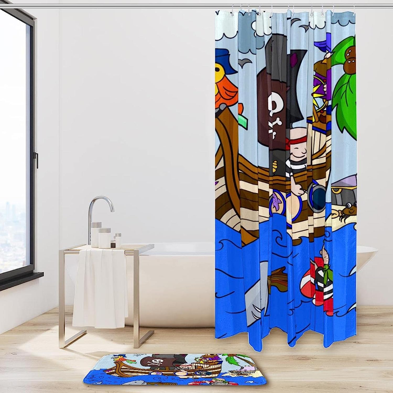 Waterproof Pirate Ship Shower Curtain with Ocean Theme - Cloth Fabric Bathroom Curtain for Home Decor