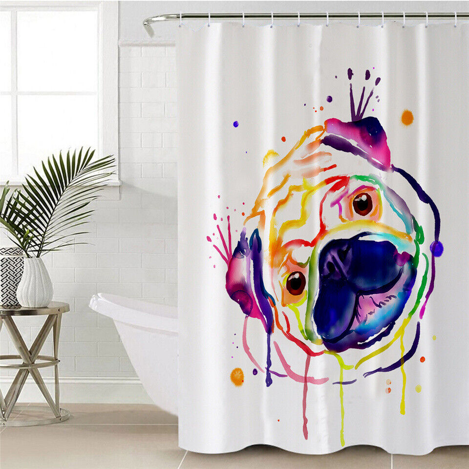 Waterproof Pug Dog Shower Curtain, Whimsical Bathroom Decor