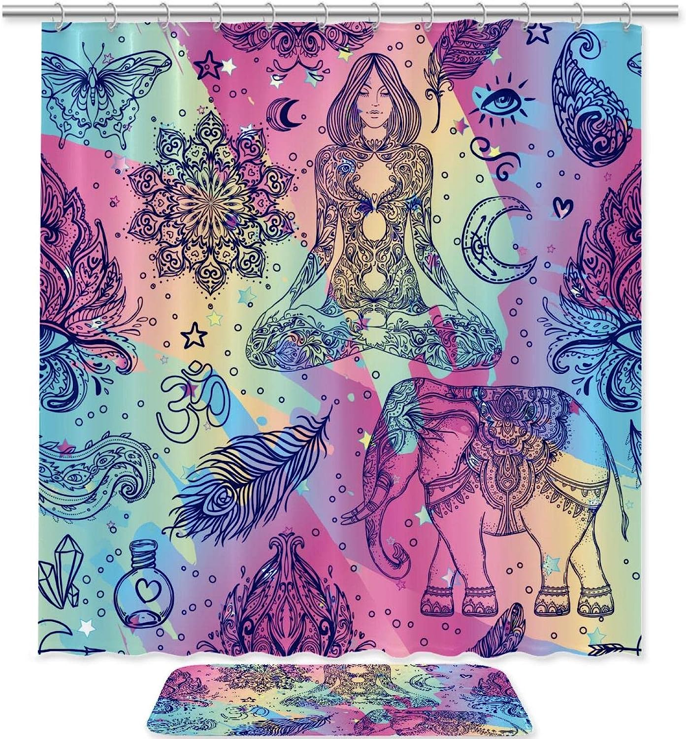Waterproof Purple Elephant Totem Shower Curtain for Kids Bathroom