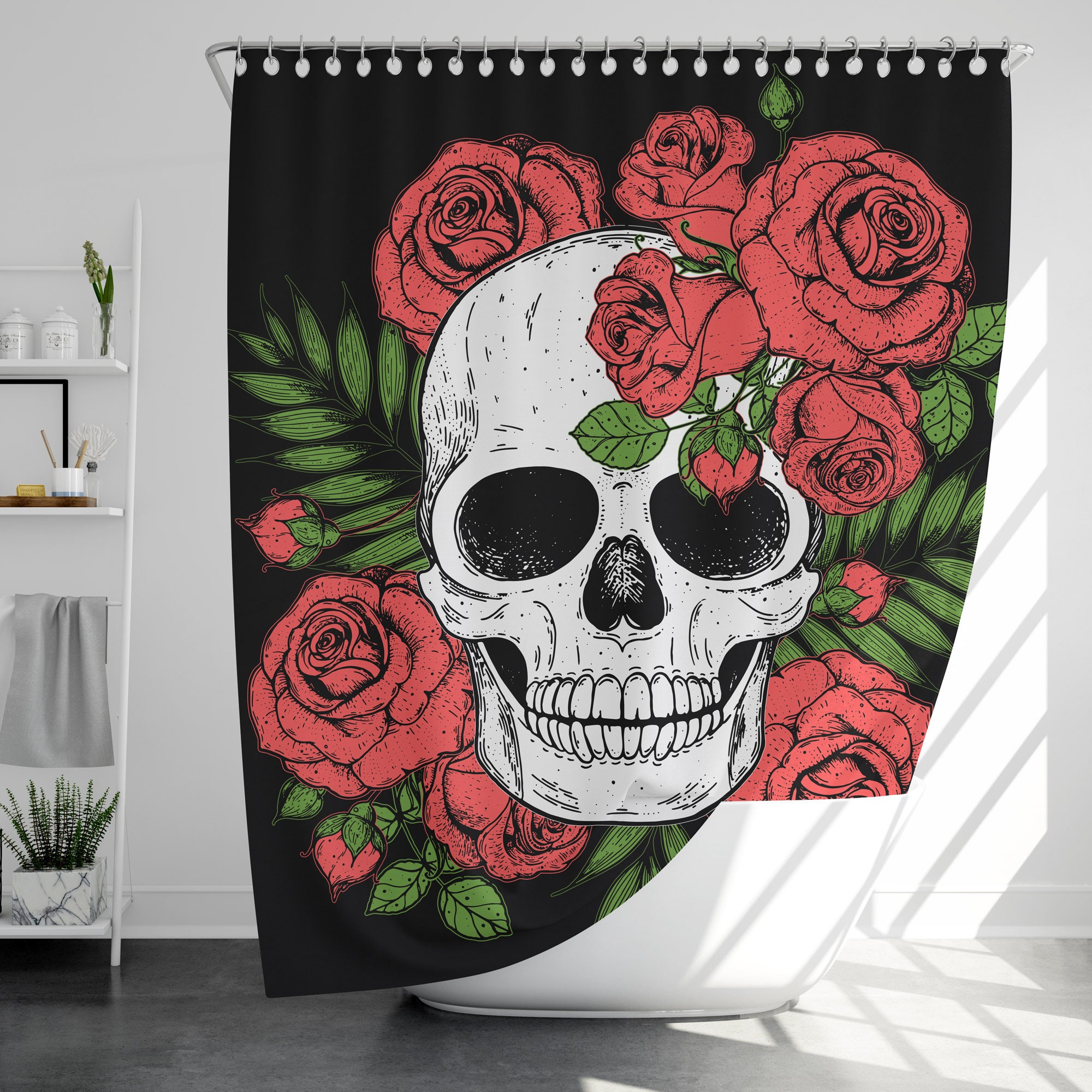 Waterproof Rose Schedel Shower Curtain with 12 Hooks