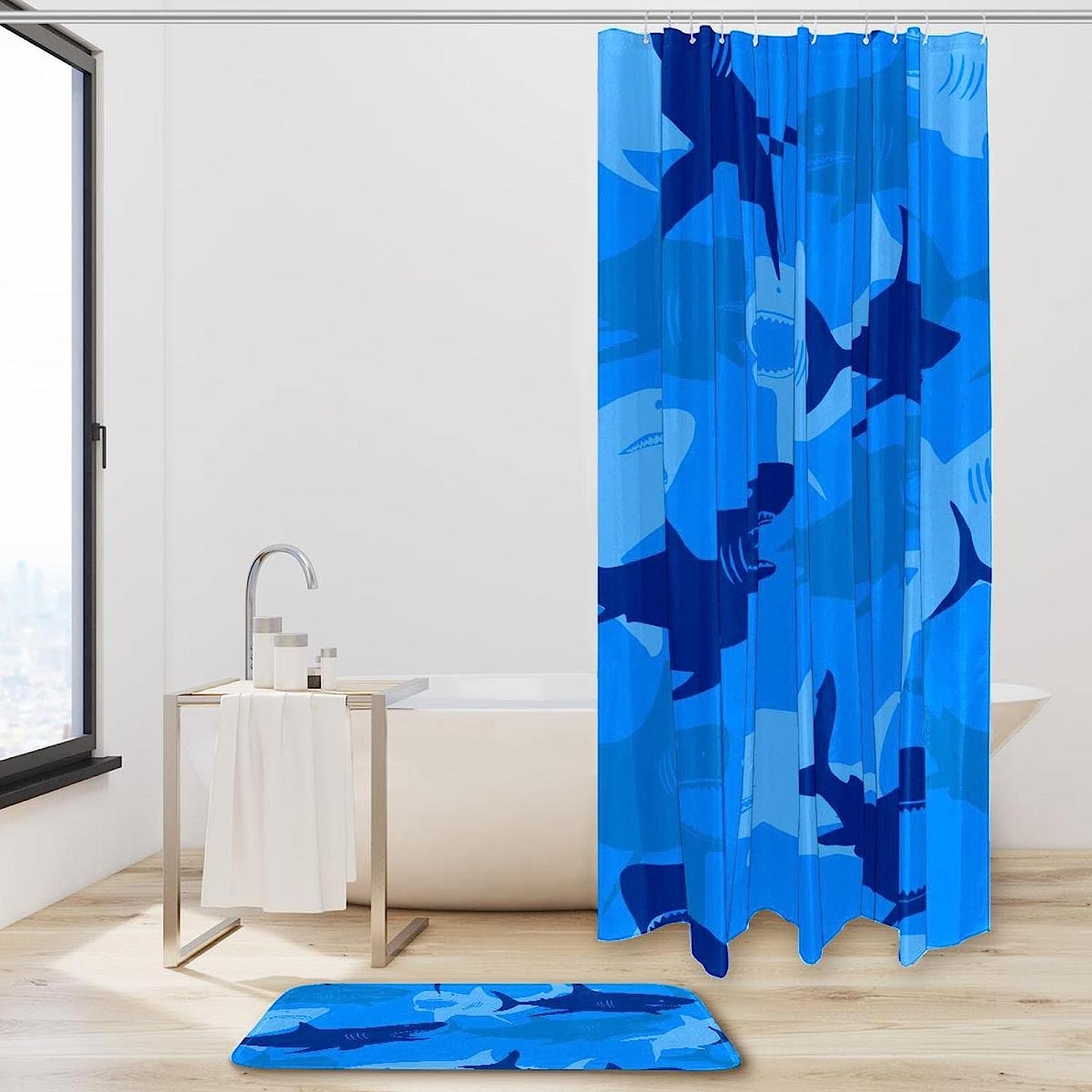 Waterproof Sharks Under the Sea Shower Curtain Set for Your Bathroom Decor