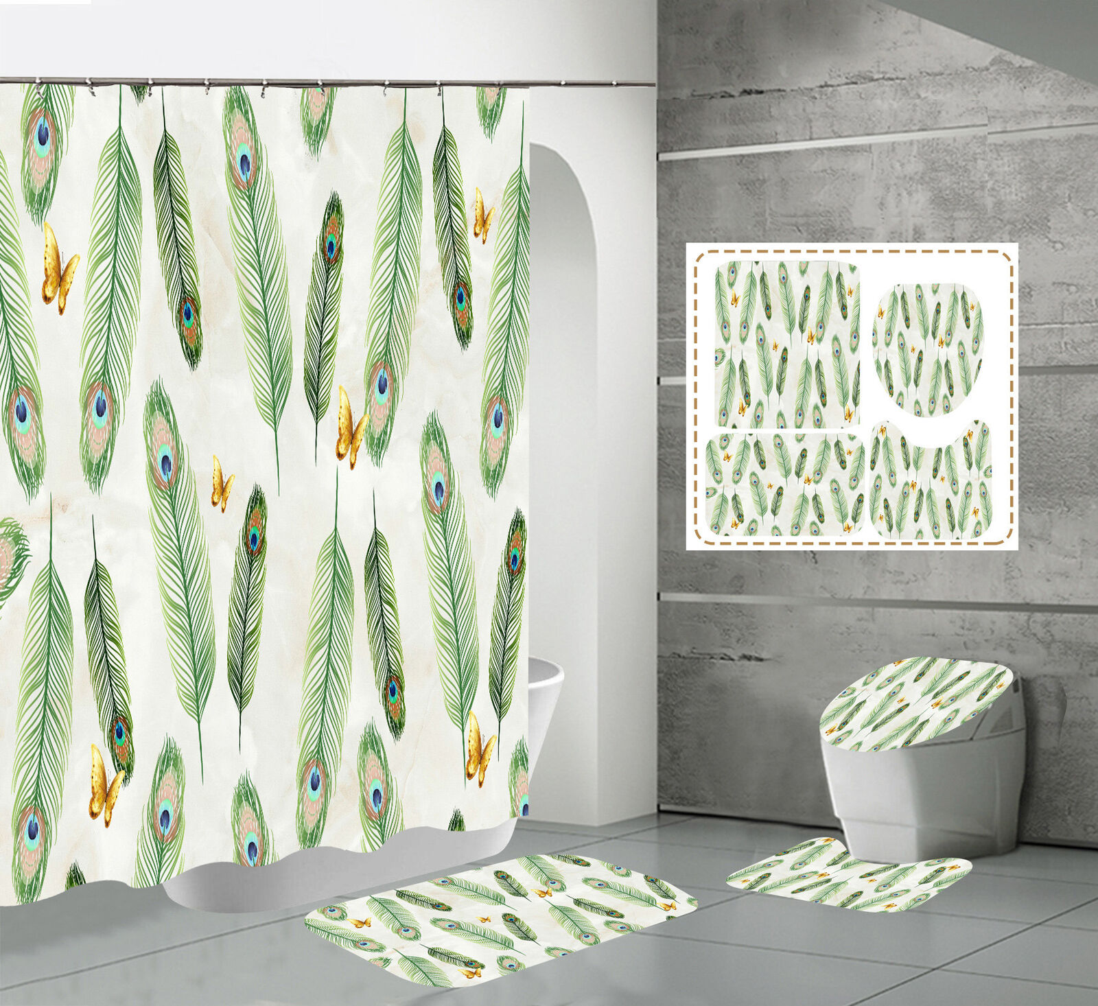 Waterproof Shower Curtain Set with Peacock Feather and Butterfly Designs