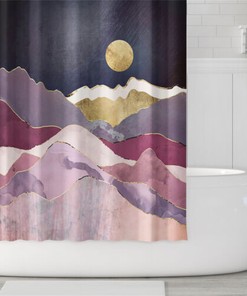 Waterproof Shower Curtain With Abstract Sun Mountains Landscape Design And Hooks Included