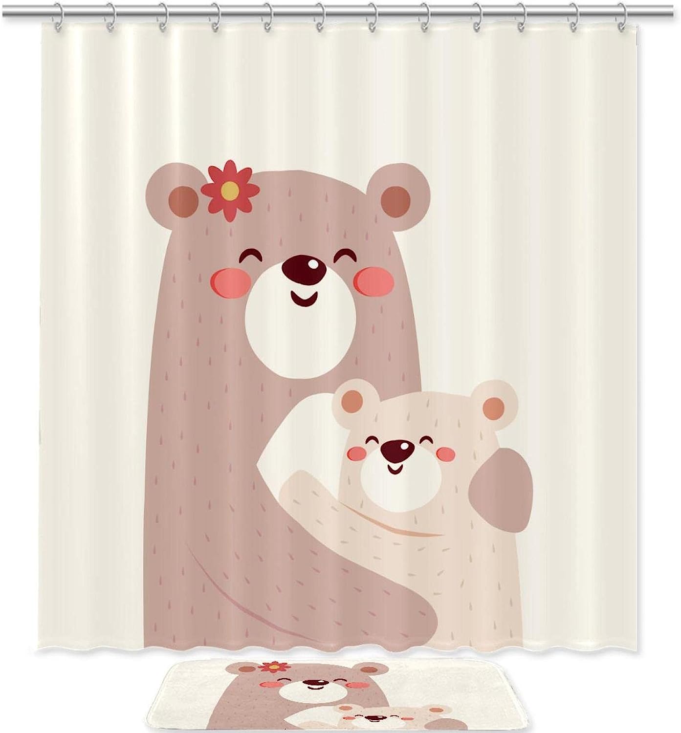 Waterproof Shower Curtain With Bear Mom Hugging Mom Print, Perfect For Rustic Bathroom Decor