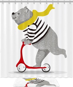 Waterproof Shower Curtain With Bear On Scooter Print, Perfect For Rustic Bathroom Decor