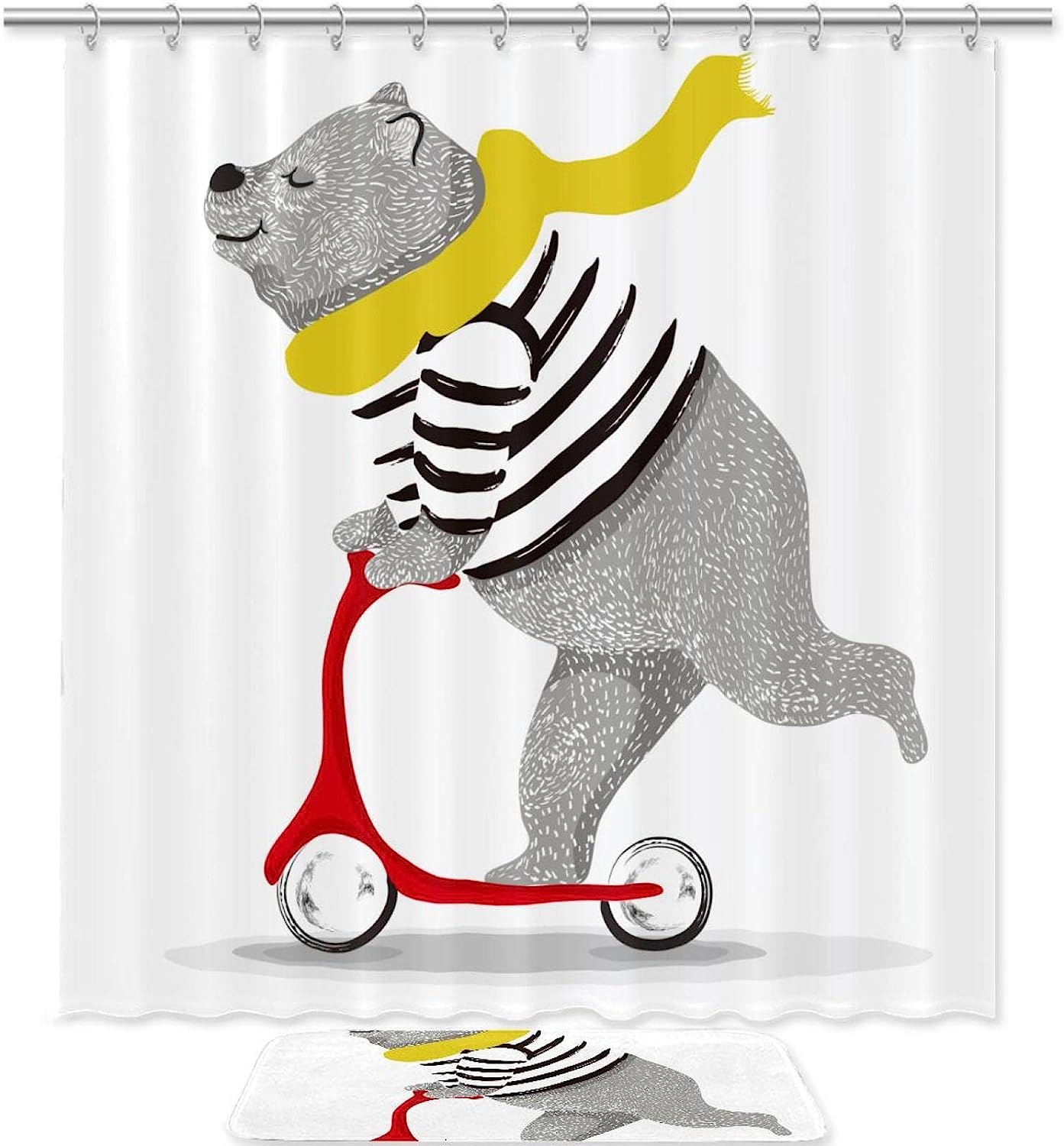 Waterproof Shower Curtain With Bear On Scooter Print, Perfect For Rustic Bathroom Decor