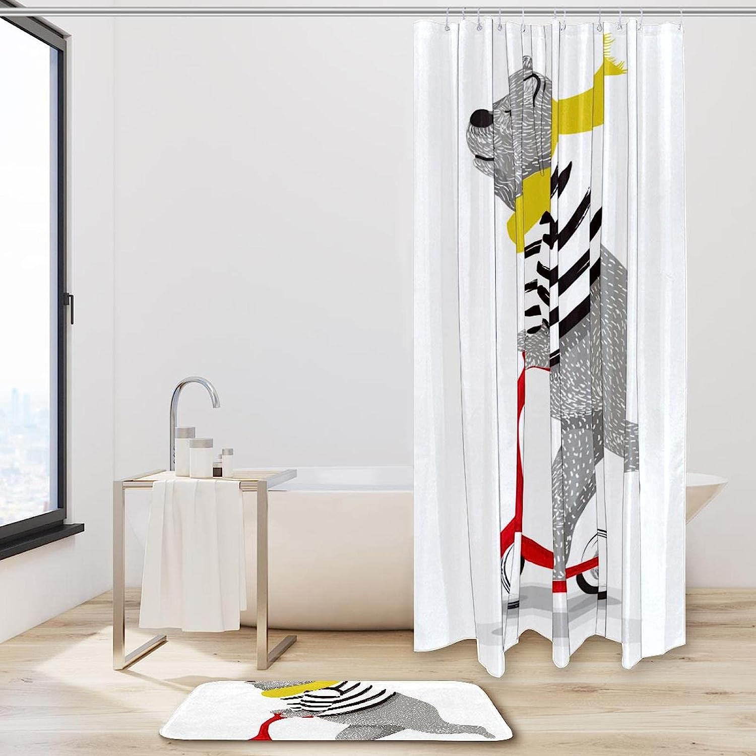 Waterproof Shower Curtain With Bear On Scooter Print, Perfect For Rustic Bathroom Decor - Image 2