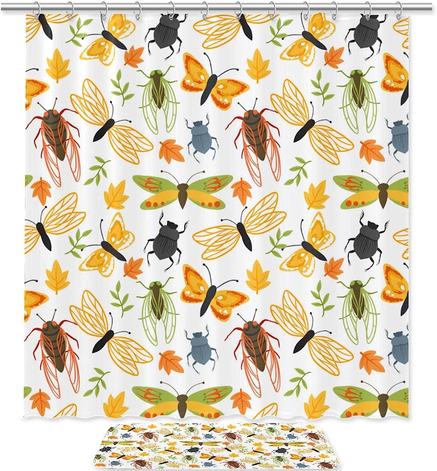 Waterproof Shower Curtain With Butterfly And Dragonfly Insect Prints For Bathroom Decor