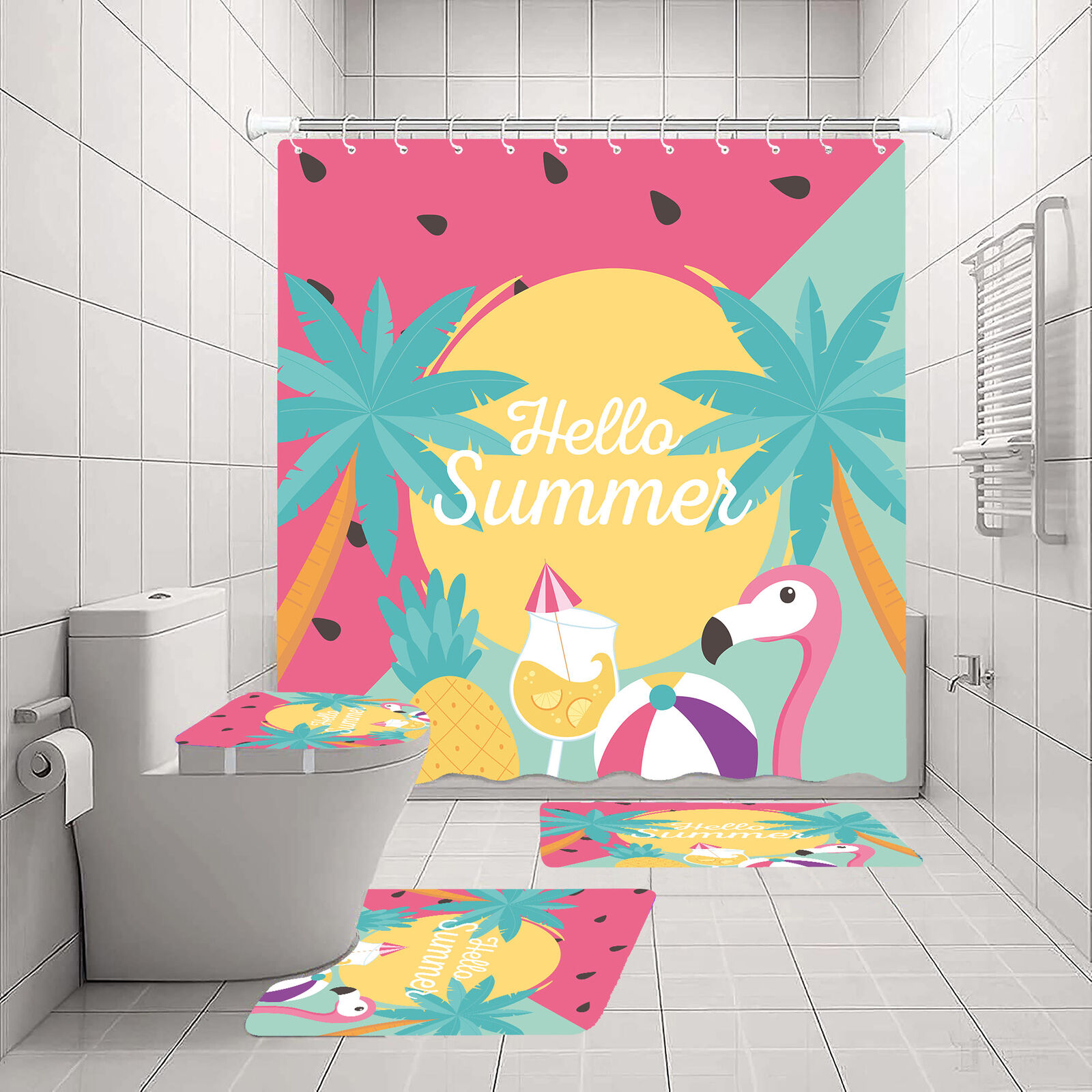 Waterproof Shower Curtain With Coconut Palm And Flamingo For Holiday Bathroom Decor