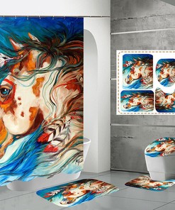 Waterproof Shower Curtain with Animal Horse Print, Bath Mat and Toilet Cover Set