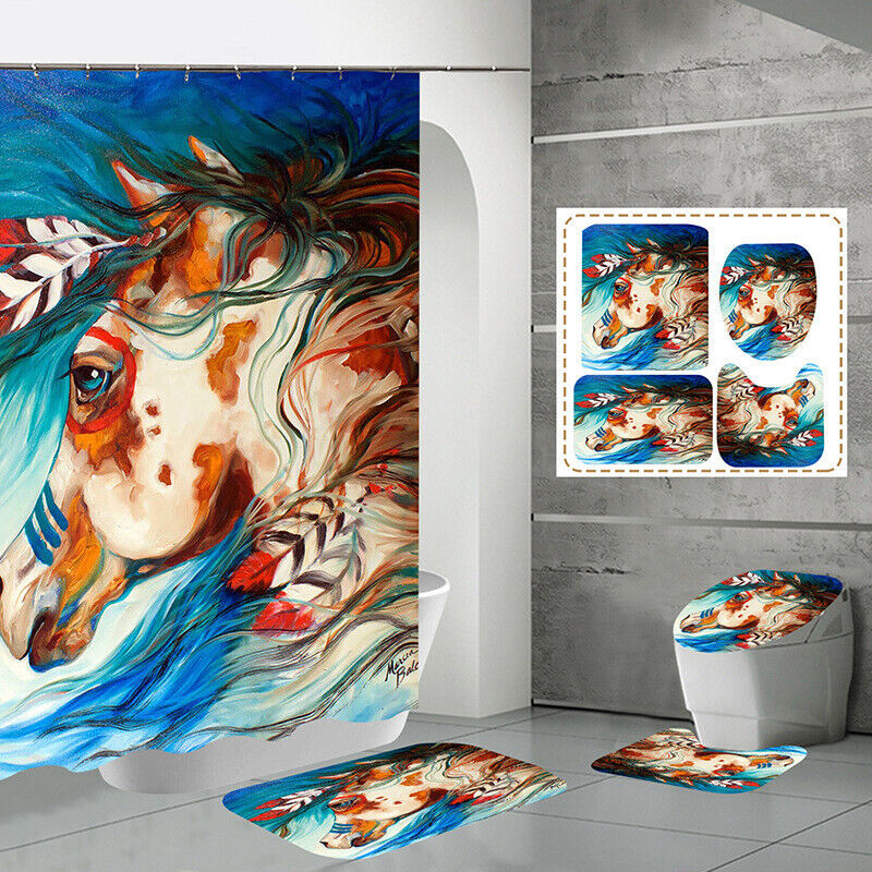 Waterproof Shower Curtain with Animal Horse Print, Bath Mat and Toilet Cover Set