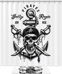 Waterproof Shower Curtain with Pirate Skulls on Gray Fabric