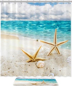 Waterproof Shower Curtain with Starfish and Coast Sea Shells Design