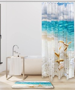 Waterproof Shower Curtain with Starfish and Coast Sea Shells Design