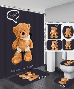 Waterproof Teddy Bear Christmas Decor Bath Shower Curtain and Mat Set