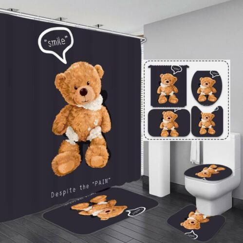 Waterproof Teddy Bear Christmas Decor Bath Shower Curtain and Mat Set