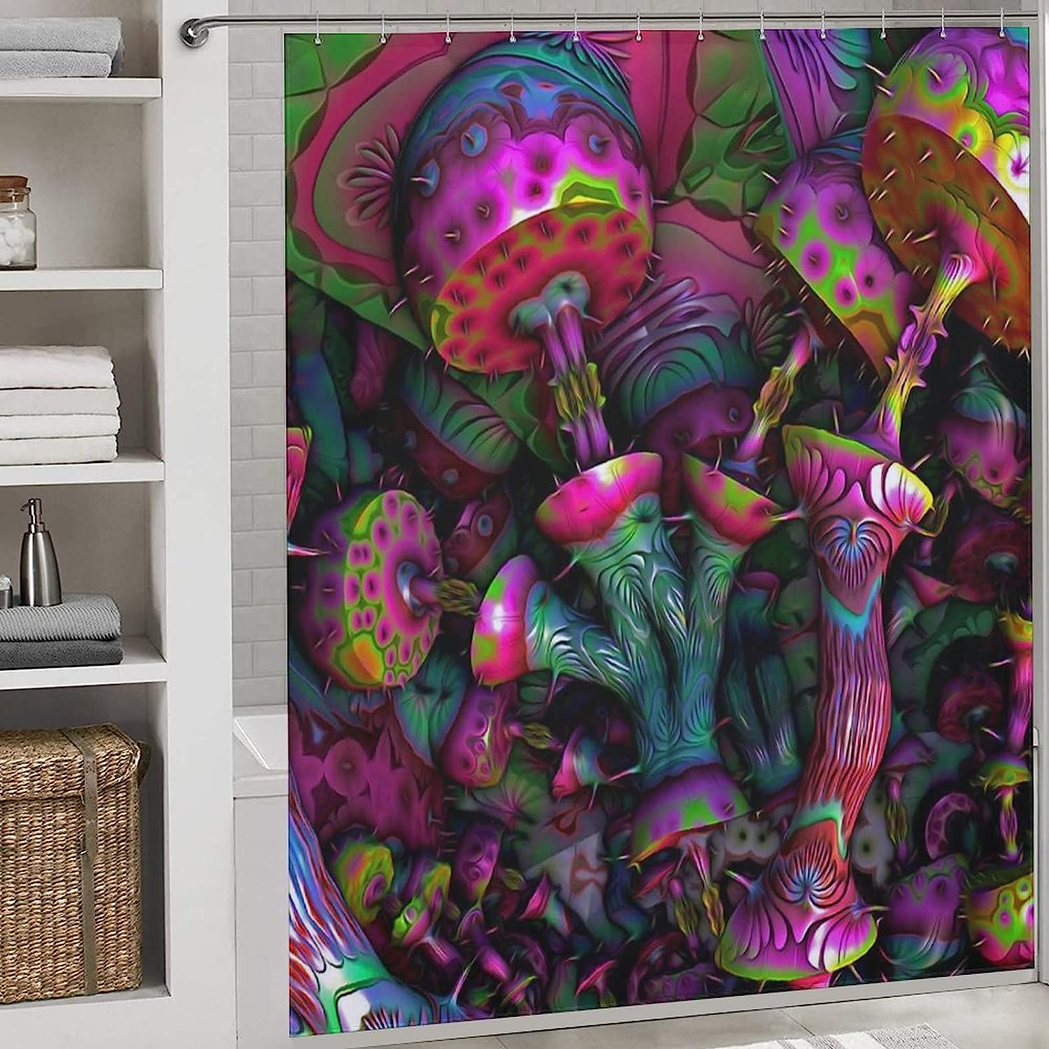 Waterproof Trippy Shower Curtain with Mushroom Print for Bathroom