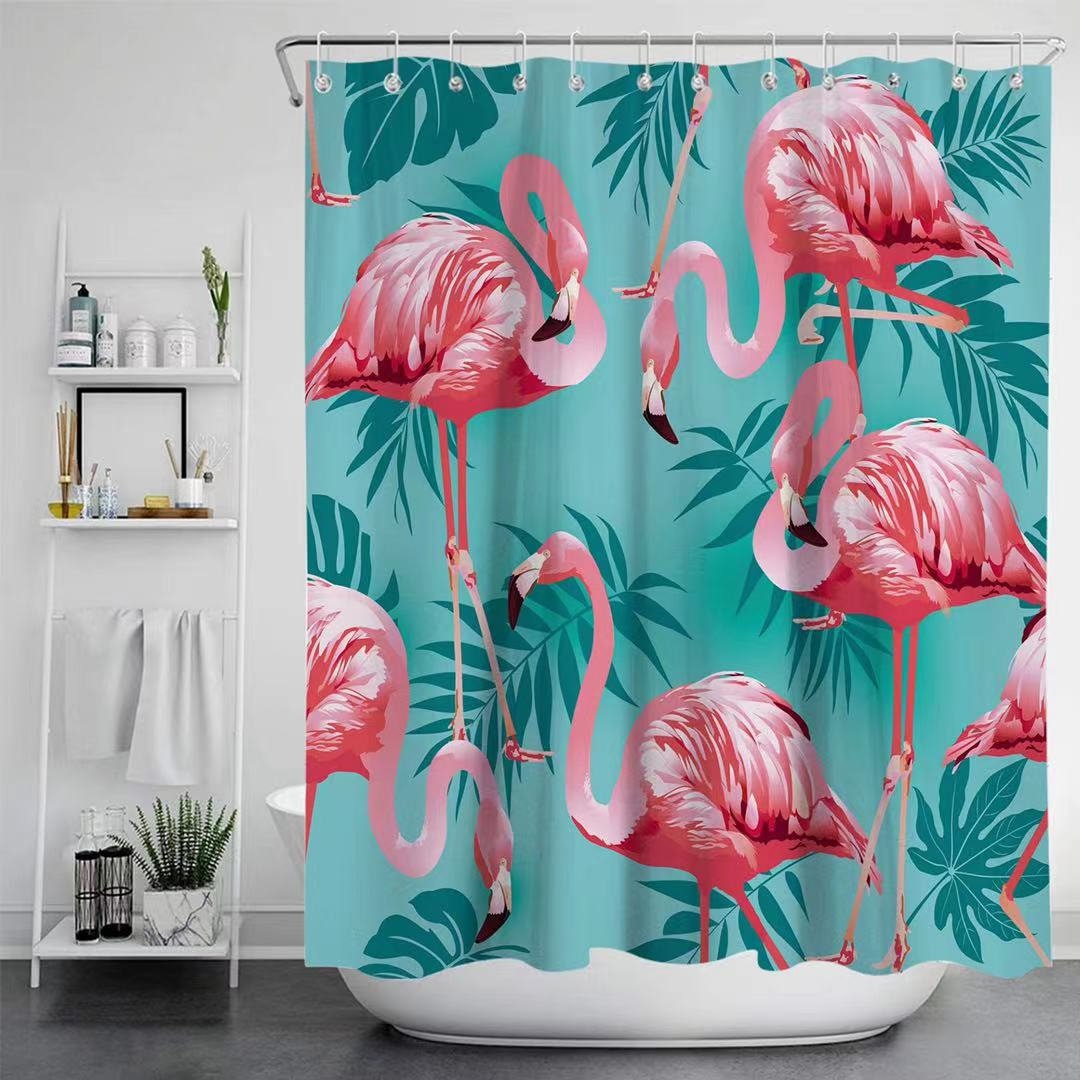 Waterproof Tropical Leaf Print Flamingo Shower Curtain For Bathroom Decor