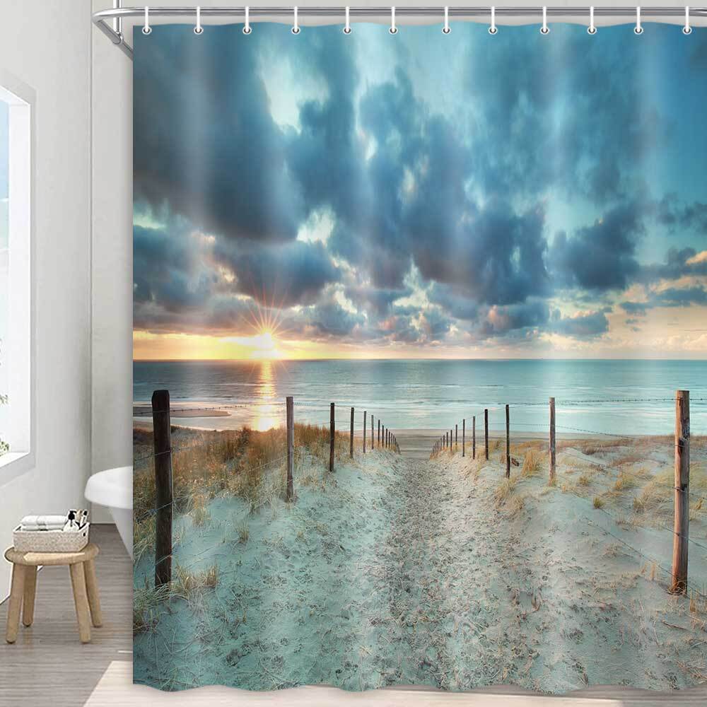 Waterproof Tropical Nature Bath Decor - Fabric Shower Curtain with Ocean Beach Design