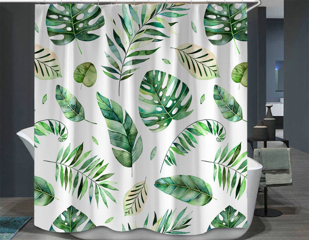 Waterproof Tropical Palm Leaves Hawaii Green Banana Leaf Shower Curtain