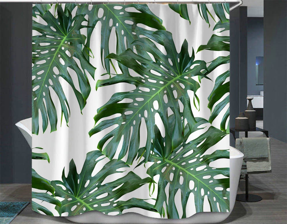 Waterproof Tropical Palm Leaves Hawaii Green Banana Leaf Shower Curtain