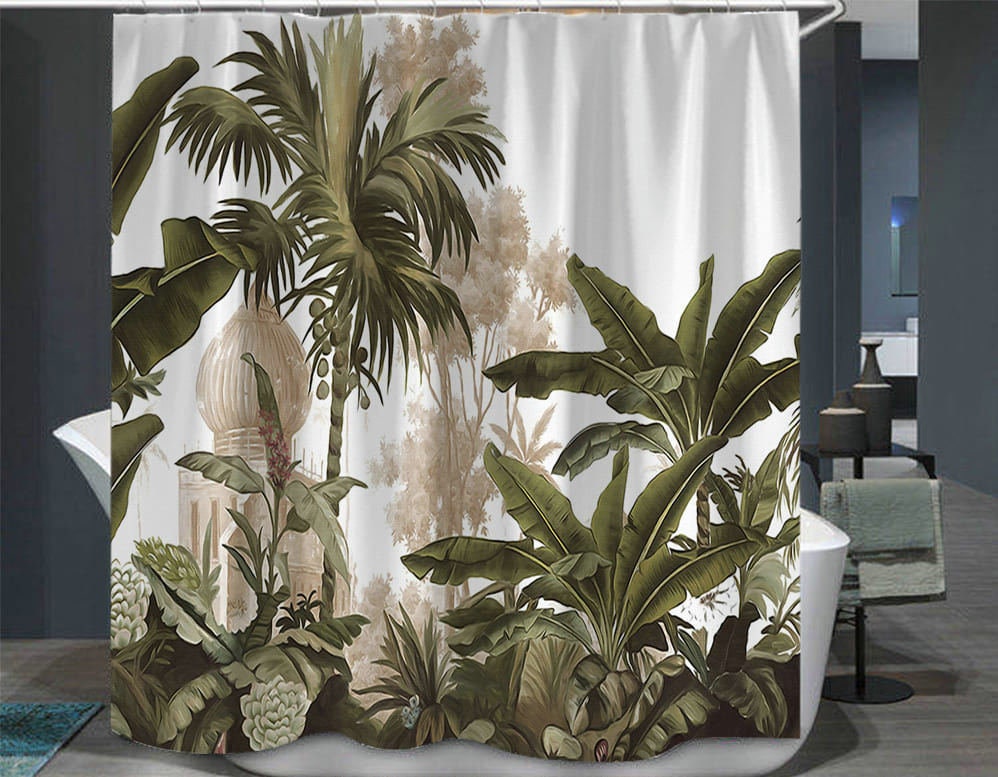 Waterproof Tropical Palm Leaves Hawaii Green Banana Leaf Shower Curtain