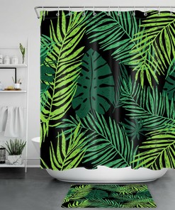 Waterproof Tropical Plant Palm Leaf Shower Curtain In Black Background, Ideal For Any Rustic Bathroom Decor