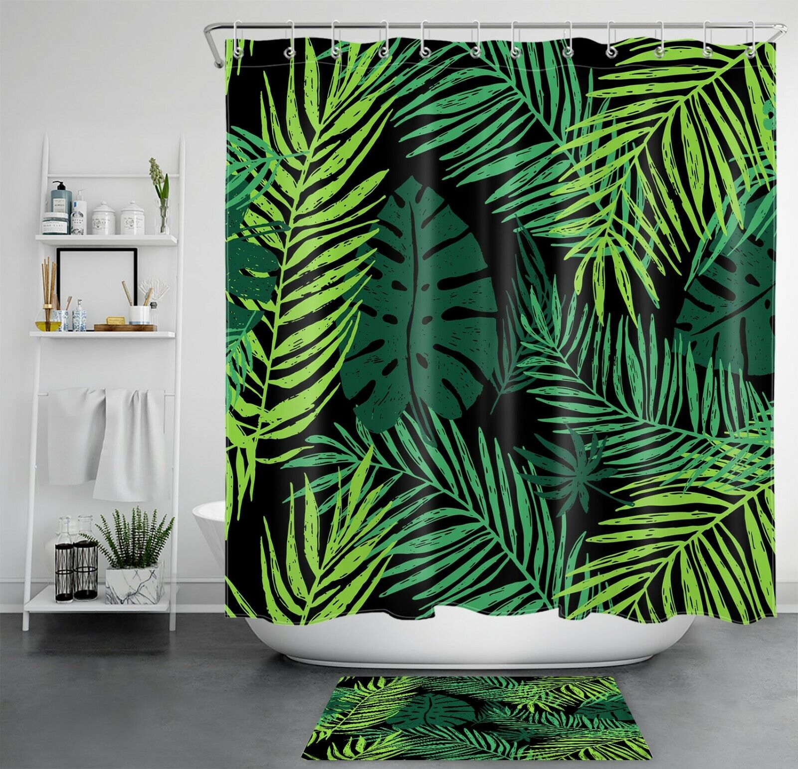 Waterproof Tropical Plant Palm Leaf Shower Curtain In Black Background, Ideal For Any Rustic Bathroom Decor