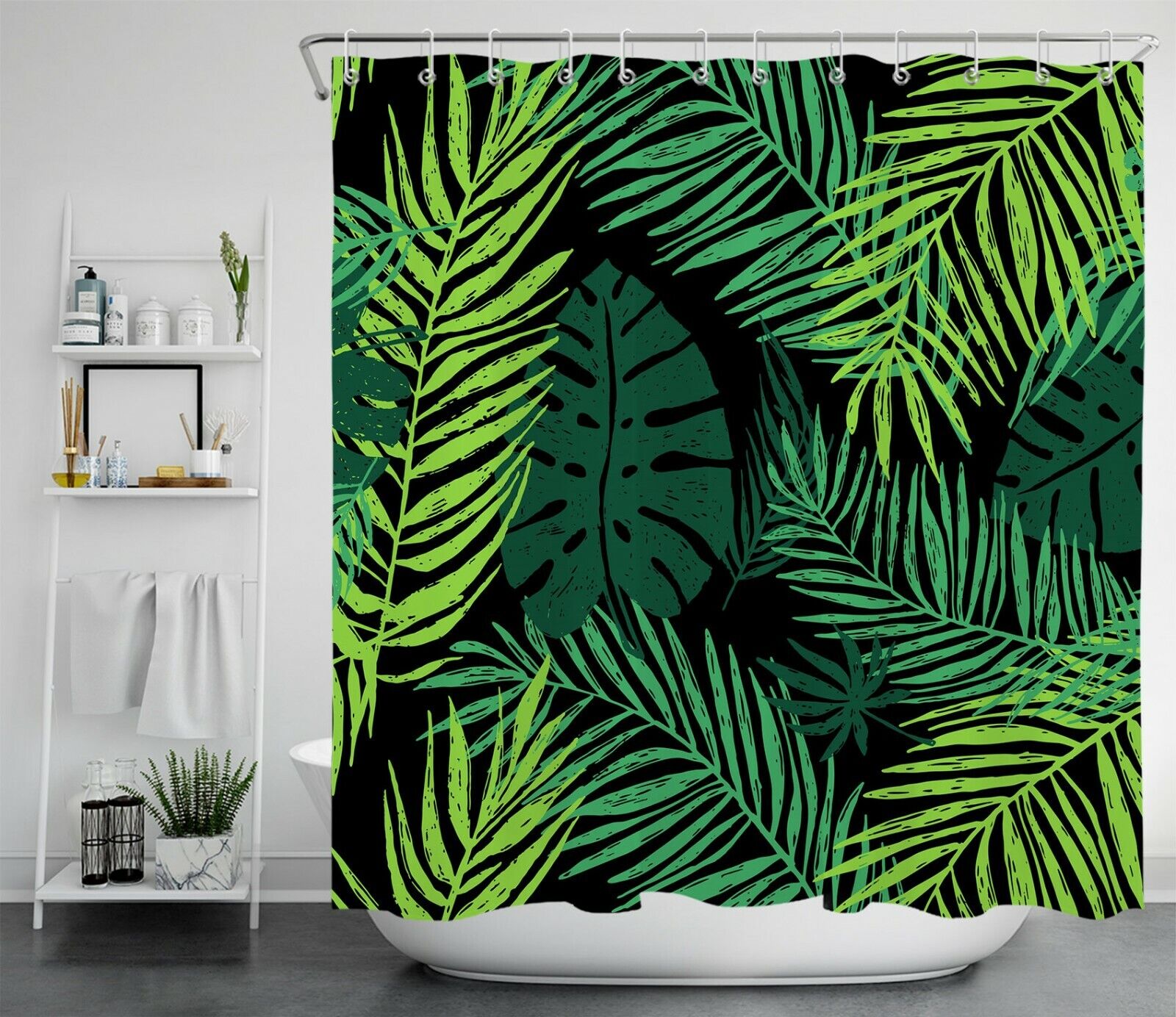 Waterproof Tropical Plant Palm Leaf Shower Curtain In Black Background, Ideal For Any Rustic Bathroom Decor - Image 2